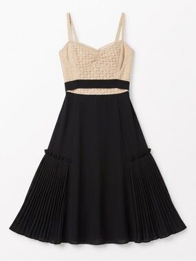 BCBG MAXAZRIA Summer Chiffon Beige and Black Spaghetti-Strap Midi Dress